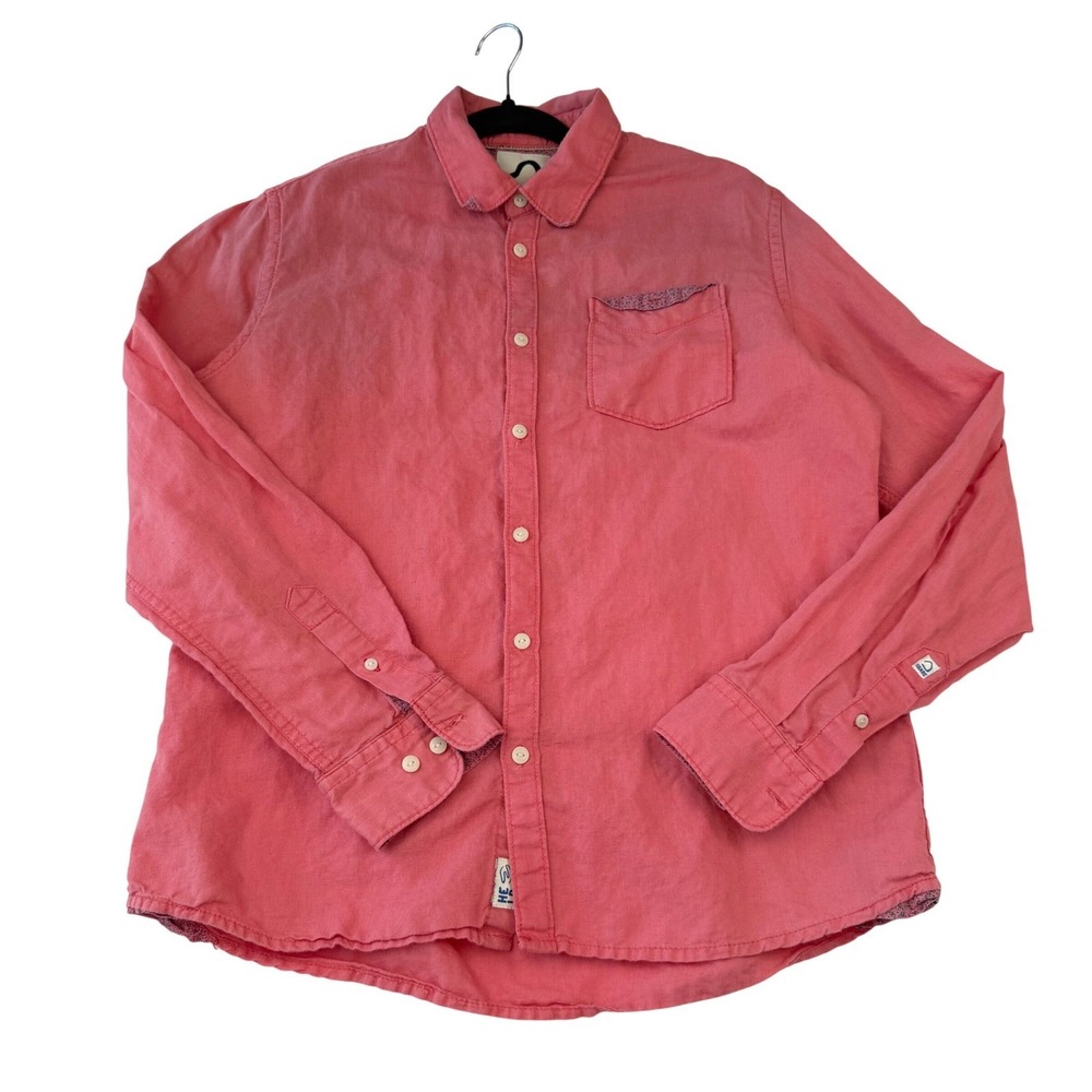 Being Human Linen Button Down Coral Pink Slim Fit Summer Beachy Shirt Mens Large